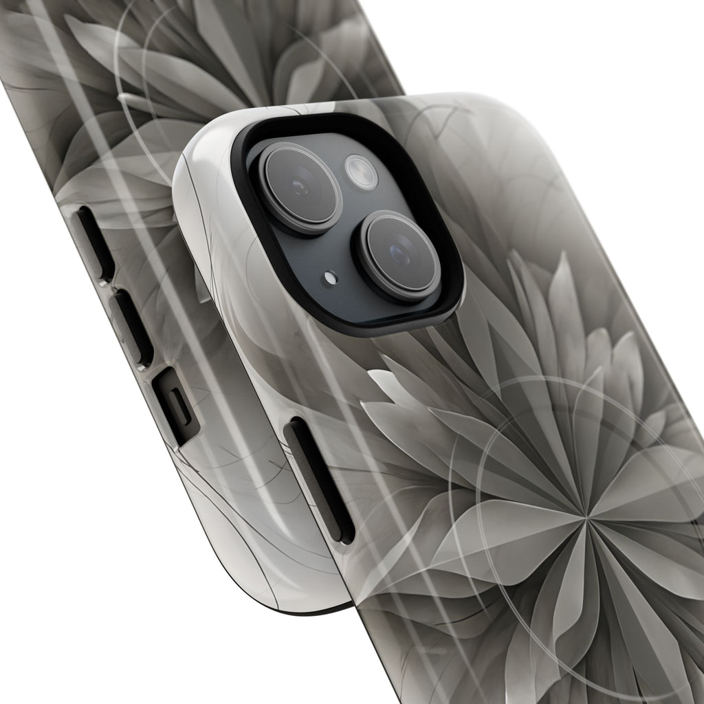 Silver Lotus - Elegant Monochrome Floral iPhone 15 MagSafe Phone Case - Modern Lotus Design
