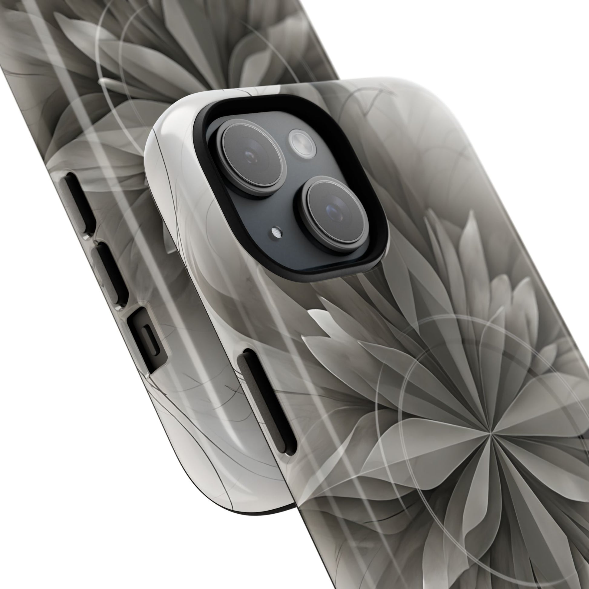 Silver Lotus - Elegant Monochrome Floral iPhone 15 MagSafe Phone Case - Modern Lotus Design