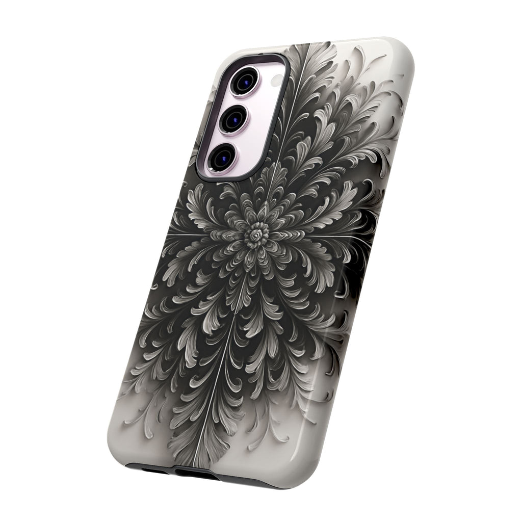 Obsidian Bloom - Elegant Black & White Samsung Galaxy S23 Plus Tough Phone Case - Intricate Mandala Flower Design