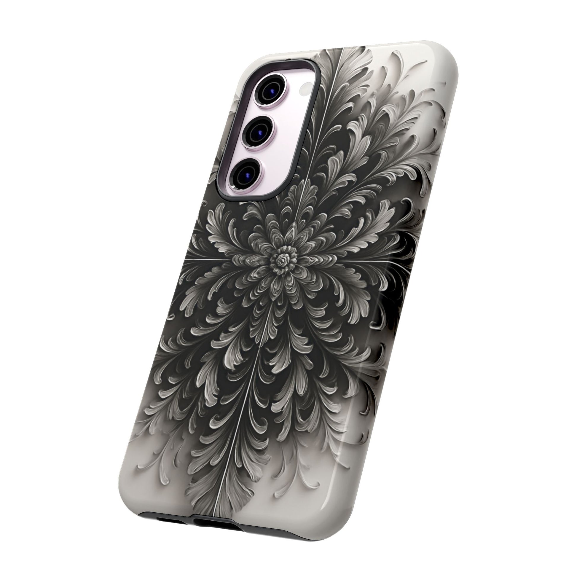 Obsidian Bloom - Elegant Black & White Samsung Galaxy S23 Plus Tough Phone Case - Intricate Mandala Flower Design