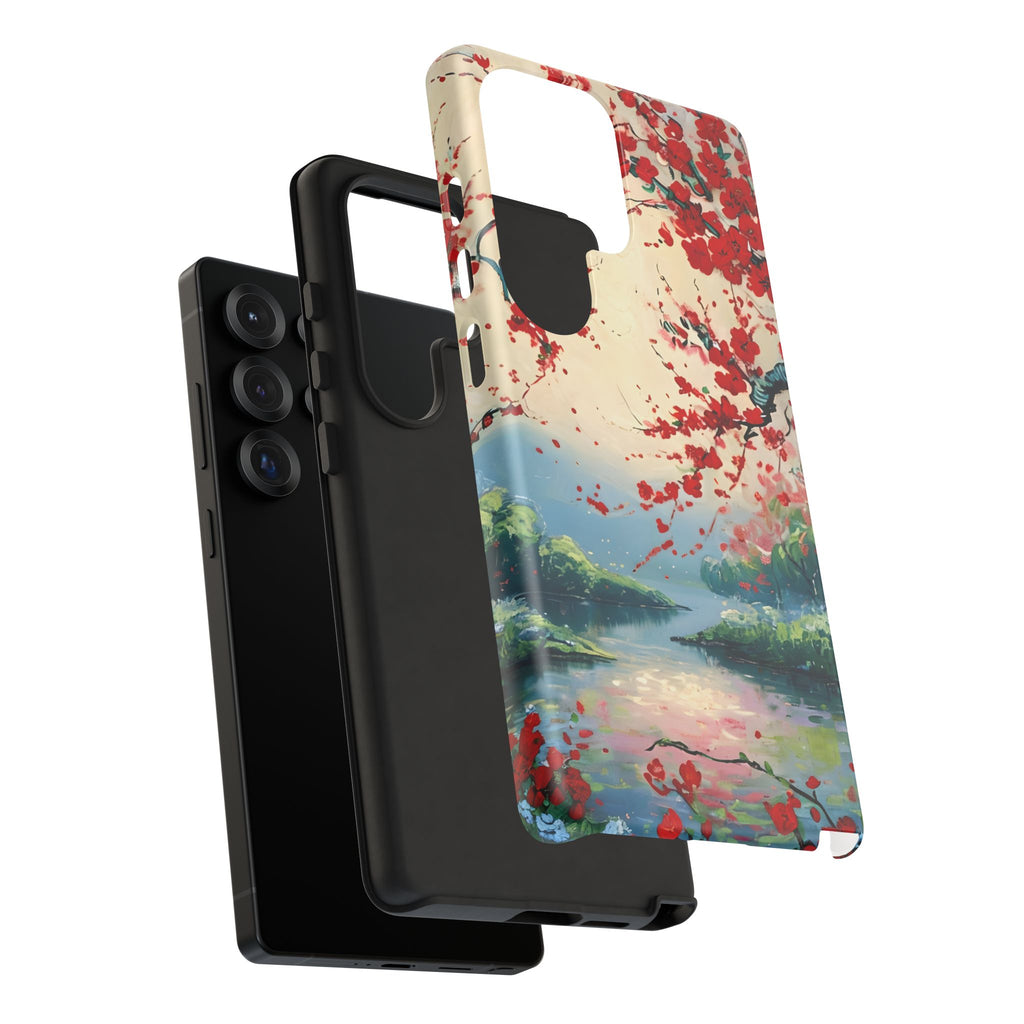 Crimson Blossom Lake - Artistic Floral Landscape Samsung Galaxy S25 Ultra Tough Phone Case - Red Cherry Blossoms & Serene Lake Design