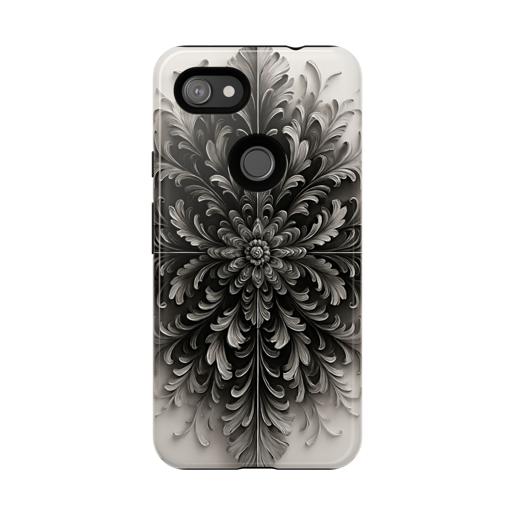 Obsidian Bloom - Elegant Black & White Google Pixel 3a XL Tough Phone Case - Intricate Mandala Flower Design