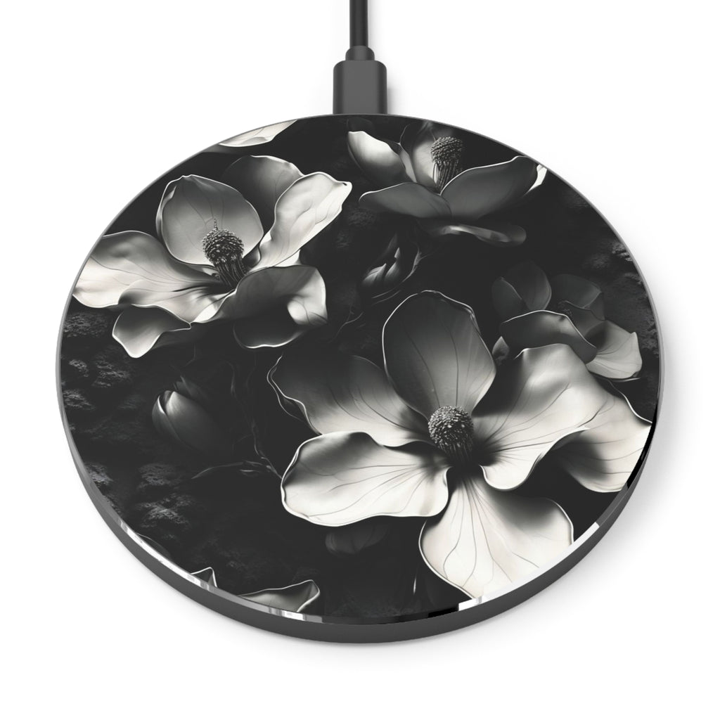 Monochrome Magnolia Qi Wireless Charger - 10W Fast Charging Pad for iPhone 15/16 - MagSafe Compatible Vintage Design