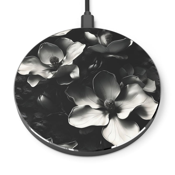 Monochrome Magnolia Qi Wireless Charger - 10W Fast Charging Pad for iPhone 15/16 - MagSafe Compatible Vintage Design