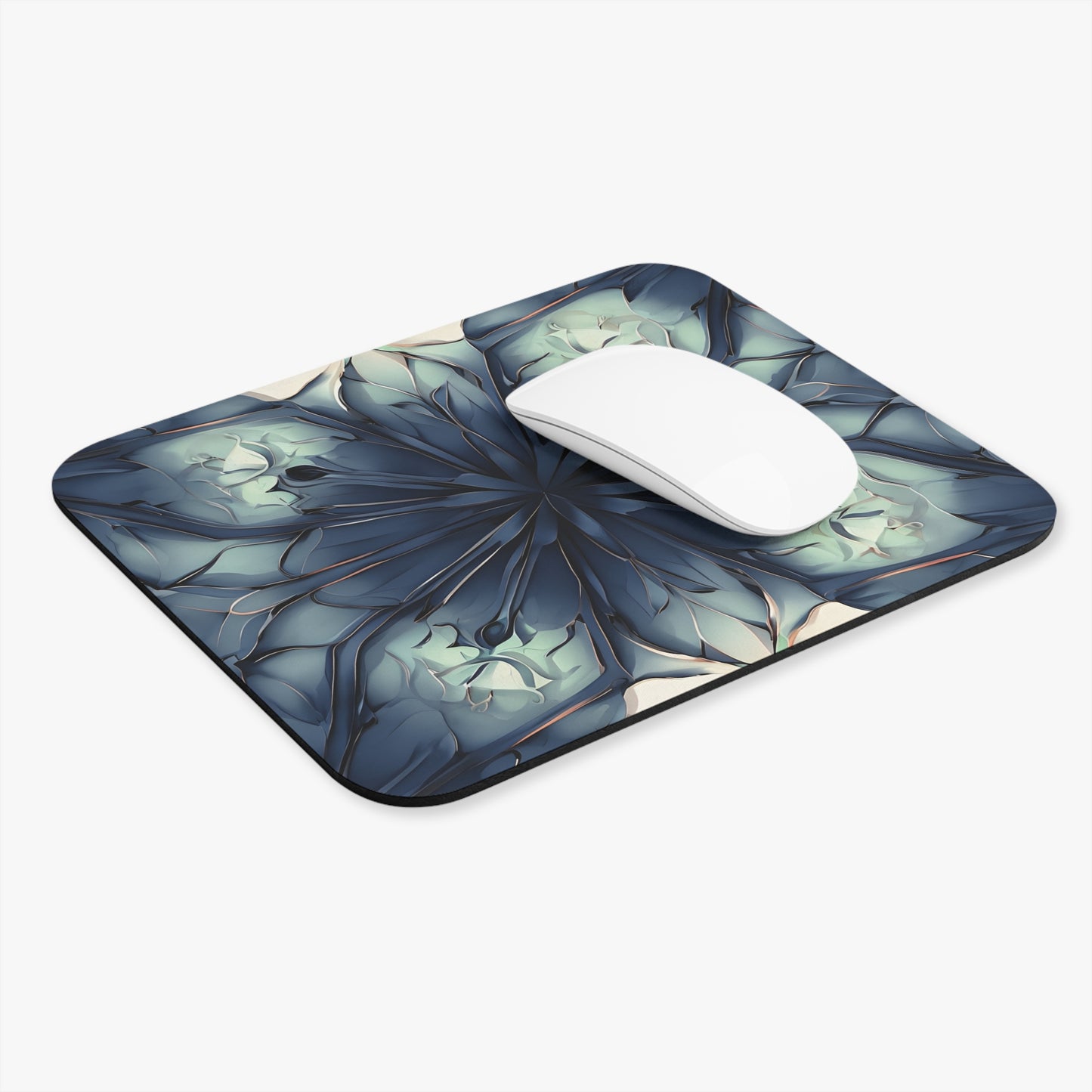 Indigo Mosaic mouse pad in workspace with mouse showing blue mosaic design