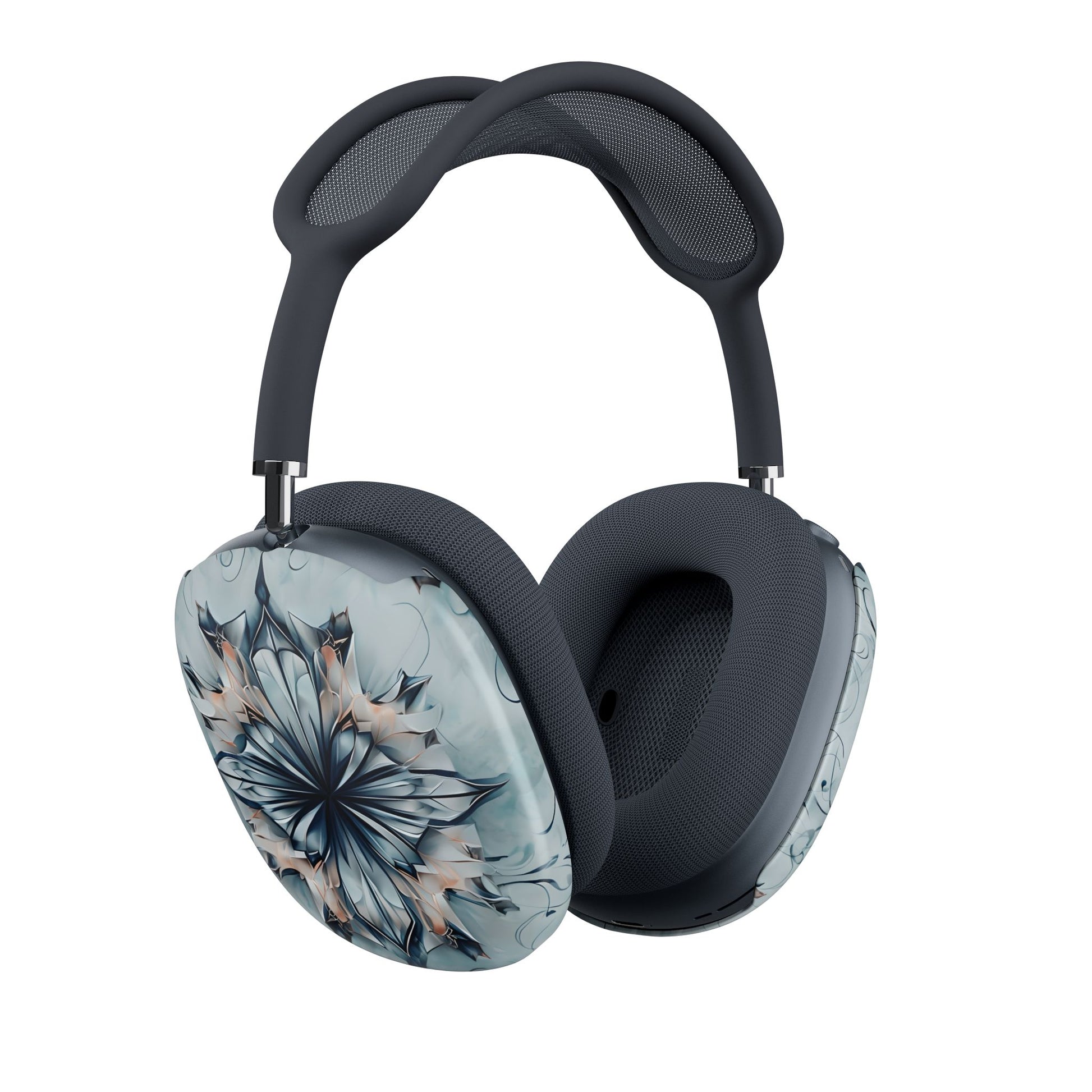 Indigo Mirage AirPods Max cover set on Apple headphones, elegant blue and neutral abstract bloom design for Apple AirPods Max, angled side view