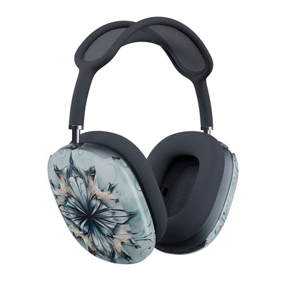 Indigo Mirage AirPods Max cover set on Apple headphones, elegant blue and neutral abstract bloom design for Apple AirPods Max, angled side view
