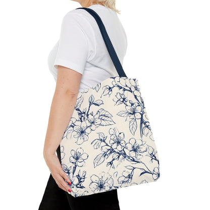 Blossom Sketch Floral Tote Bag (16x16 & 18x18)- Elegant Navy Line Art on Beige Canvas, Reusable & Eco-Friendly