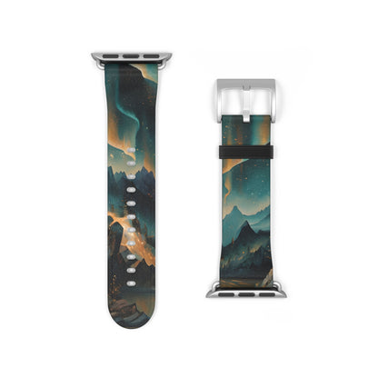 Aurora Dreamscape Apple Watch band strap with silver clasp showing vibrant aurora sky artwork with teal and golden tones