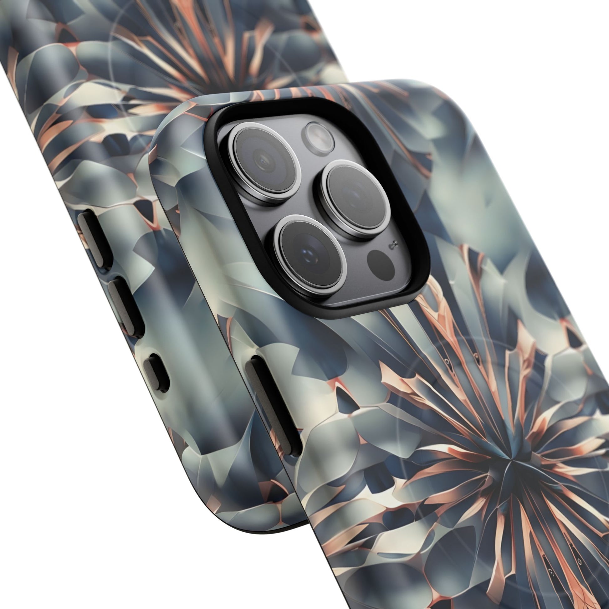 Obsidian Kaleidoscope Artistic Floral Burst - iPhone 15 Pro Max MagSafe Phone Case -Blue, Peach and Silver Symmetrical Design
