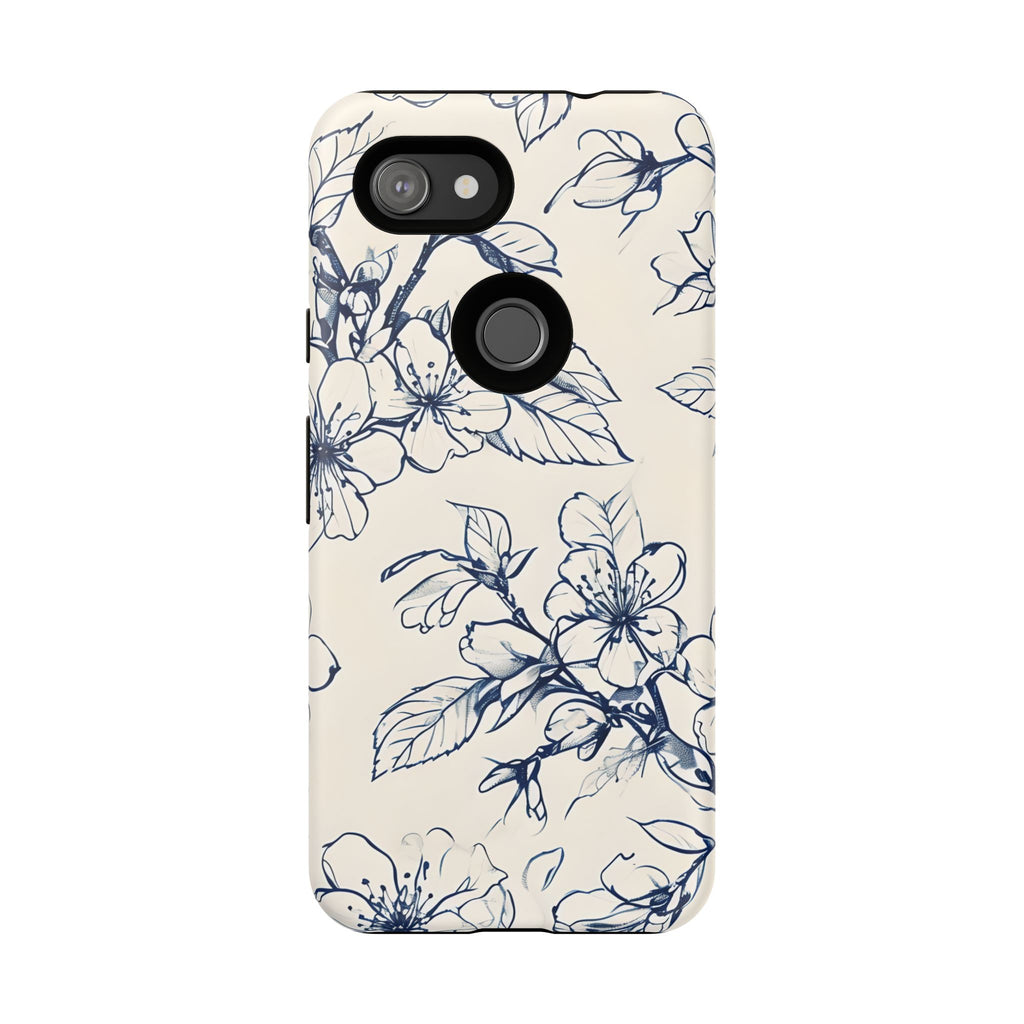 Blossom Sketch - Artistic Blue Floral Google Pixel 3a - Tough Phone Case - Hand-Drawn Botanical Design