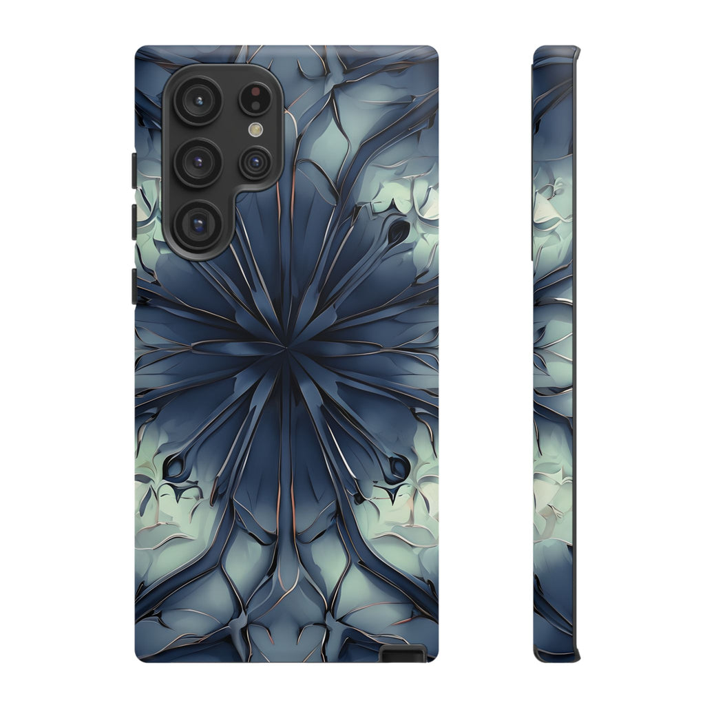 Indigo Mosaic - Artistic Kaleidoscope Collection Artistic Floral - Samsung Galaxy S22 Ultra Tough Phone Case - Bold Blue Symmetrical Design