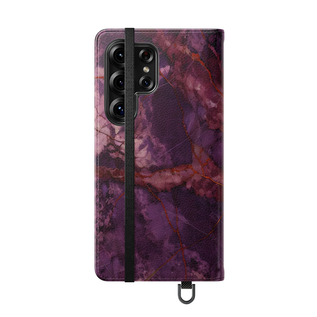 Amethyst Current Wallet Phone Case - Elegant Purple Marble Flip Cover for Samsung Galaxy S25 Ultra