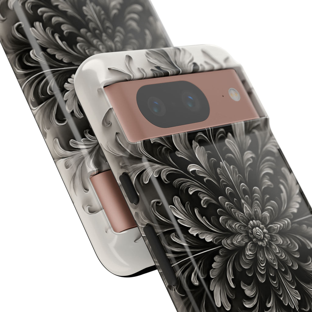 Obsidian Bloom - Elegant Black & White Google Pixel 8 Tough Phone Case - Intricate Mandala Flower Design