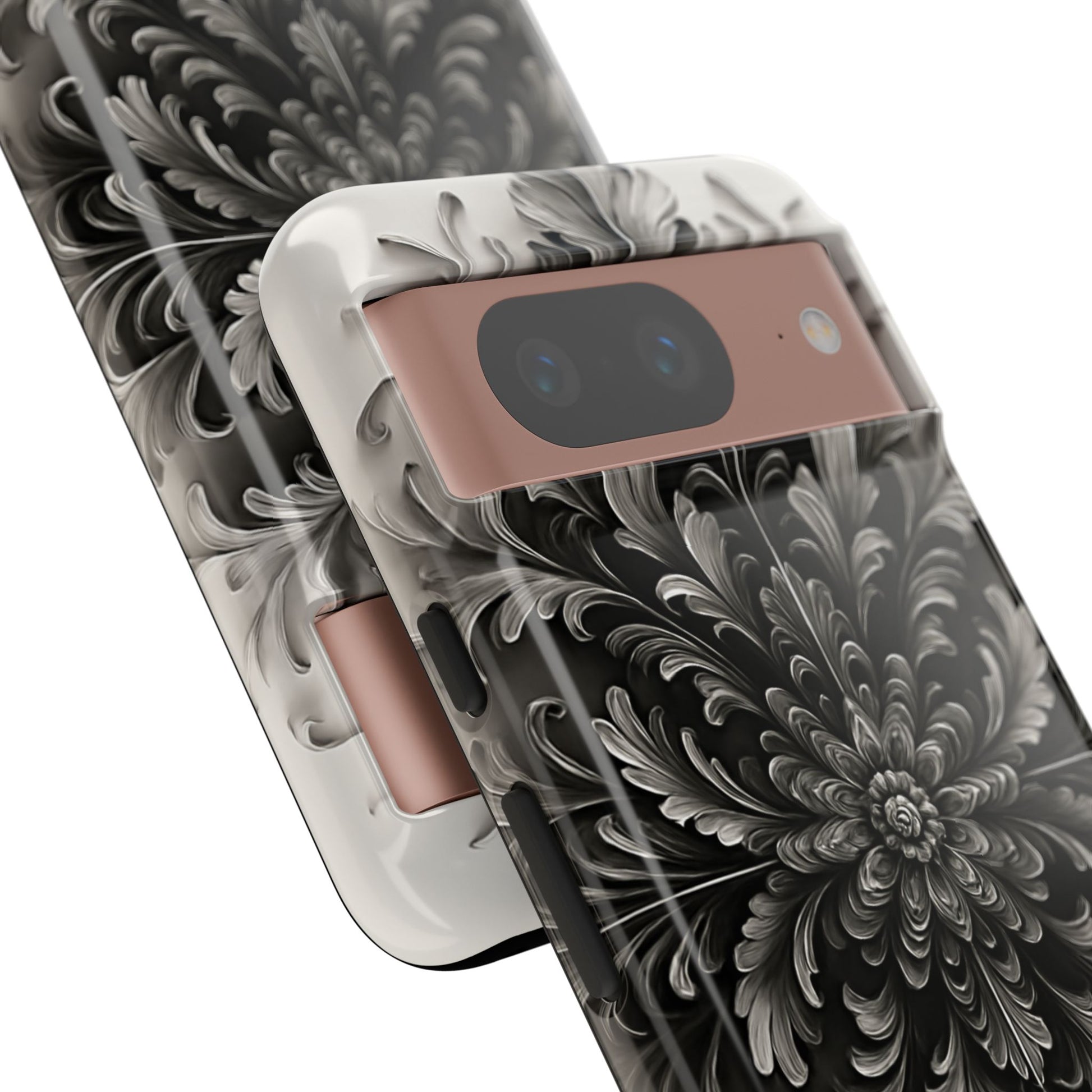 Obsidian Bloom - Elegant Black & White Google Pixel 8 Tough Phone Case - Intricate Mandala Flower Design