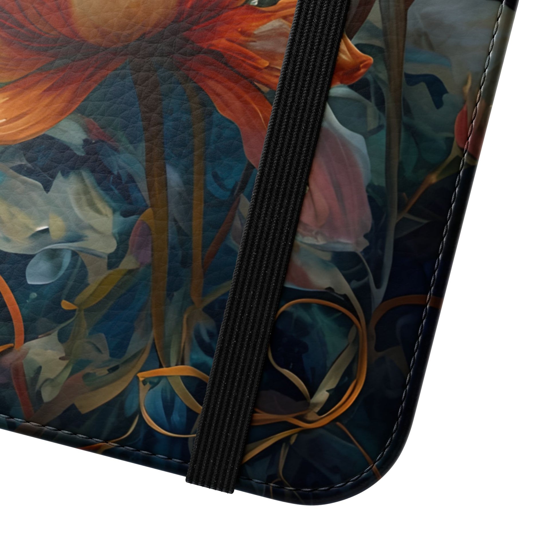 Close view of Waterlily Nocturne floral iPhone wallet flip phone case with elastic closure