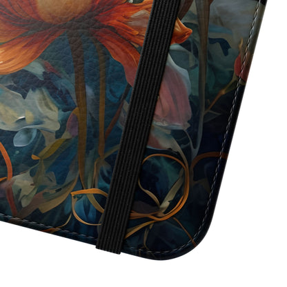 Close view of Waterlily Nocturne floral iPhone wallet flip phone case with elastic closure