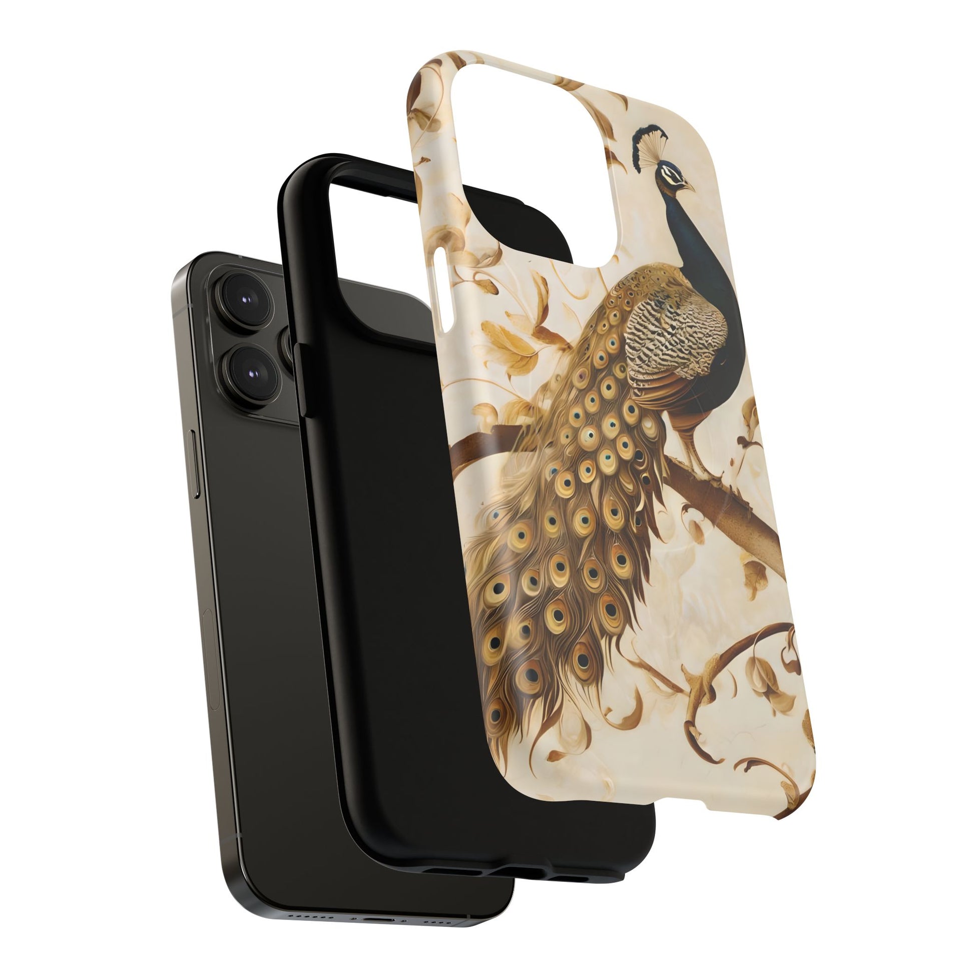 Golden Plumage - Luxe Peacock Art iPhone 14 Pro Max Phone Case - MagSafe Compatible - Elegant Gold & Cream Design