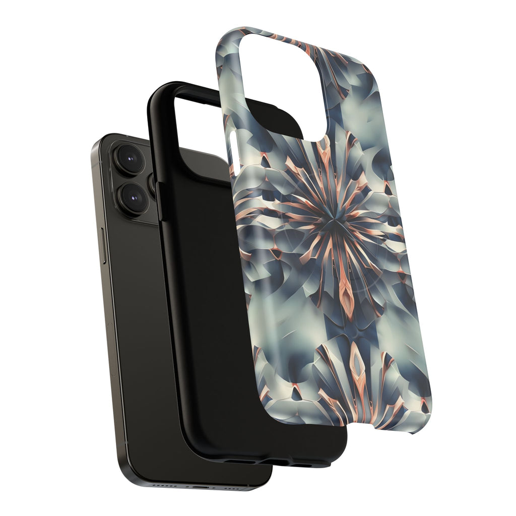 Obsidian Kaleidoscope Artistic Floral Burst - iPhone 14 Pro Max MagSafe Phone Case -Blue, Peach and Silver Symmetrical Design