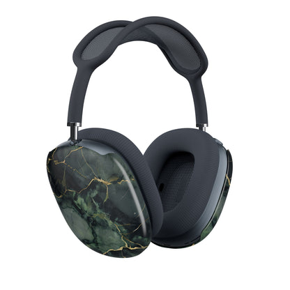 Verdant Vein AirPods Max cover set on Apple headphones, luxurious dark green marble design with gold veining for Apple AirPods Max, angled side view