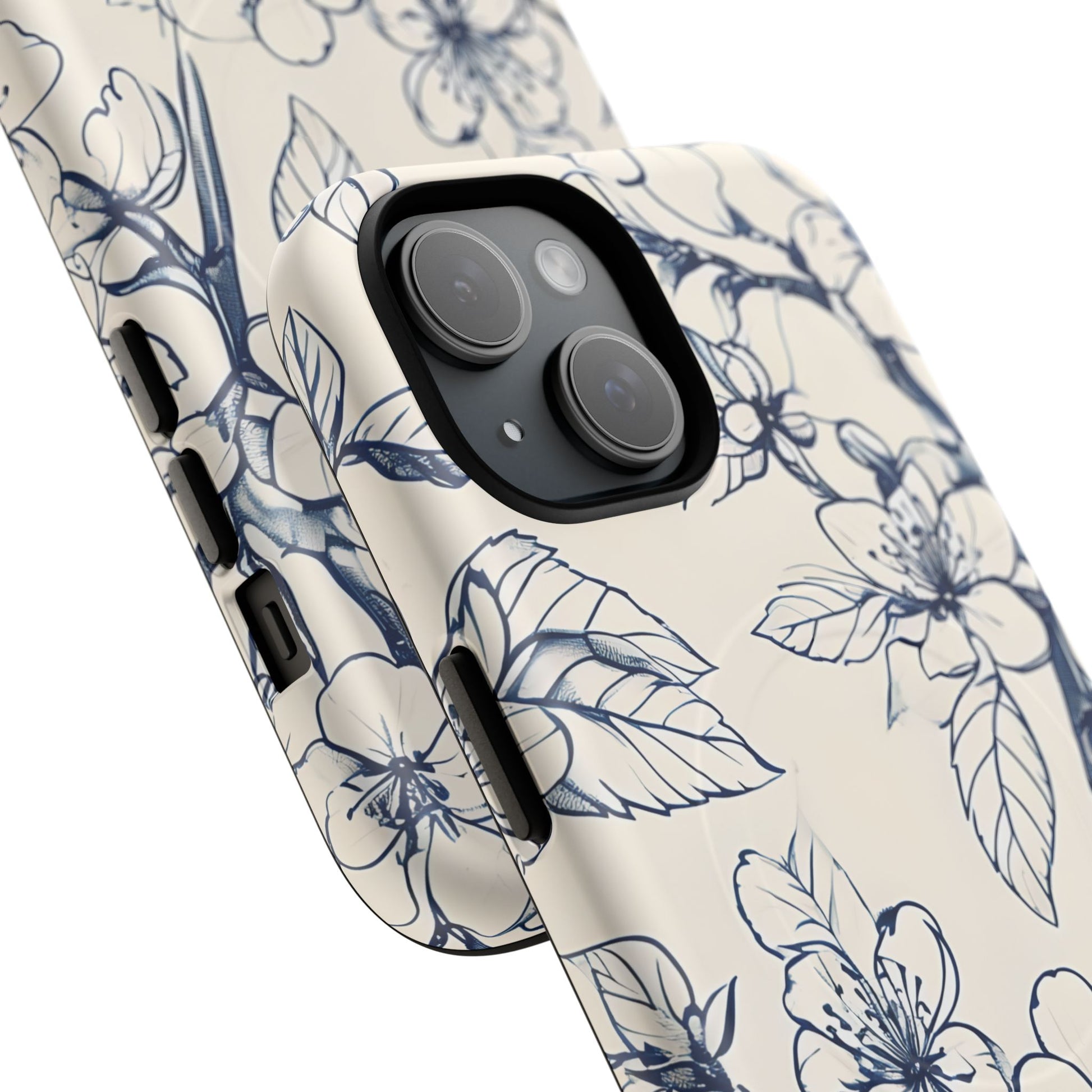 Blossom Sketch - Artistic Blue Floral - iPhone 15 MagSafe Phone Case - Hand-Drawn Botanical Design