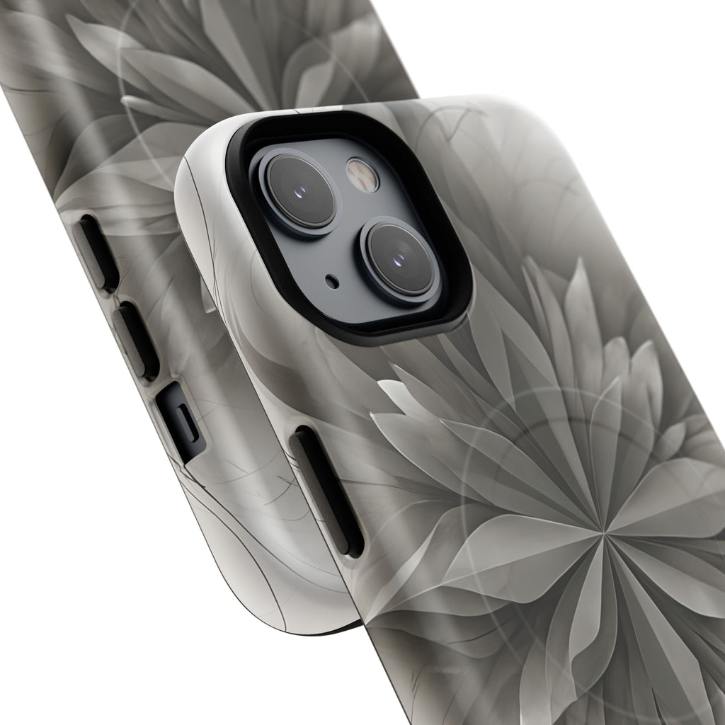 Silver Lotus - Elegant Monochrome Floral iPhone 14 MagSafe Phone Case - Modern Lotus Design