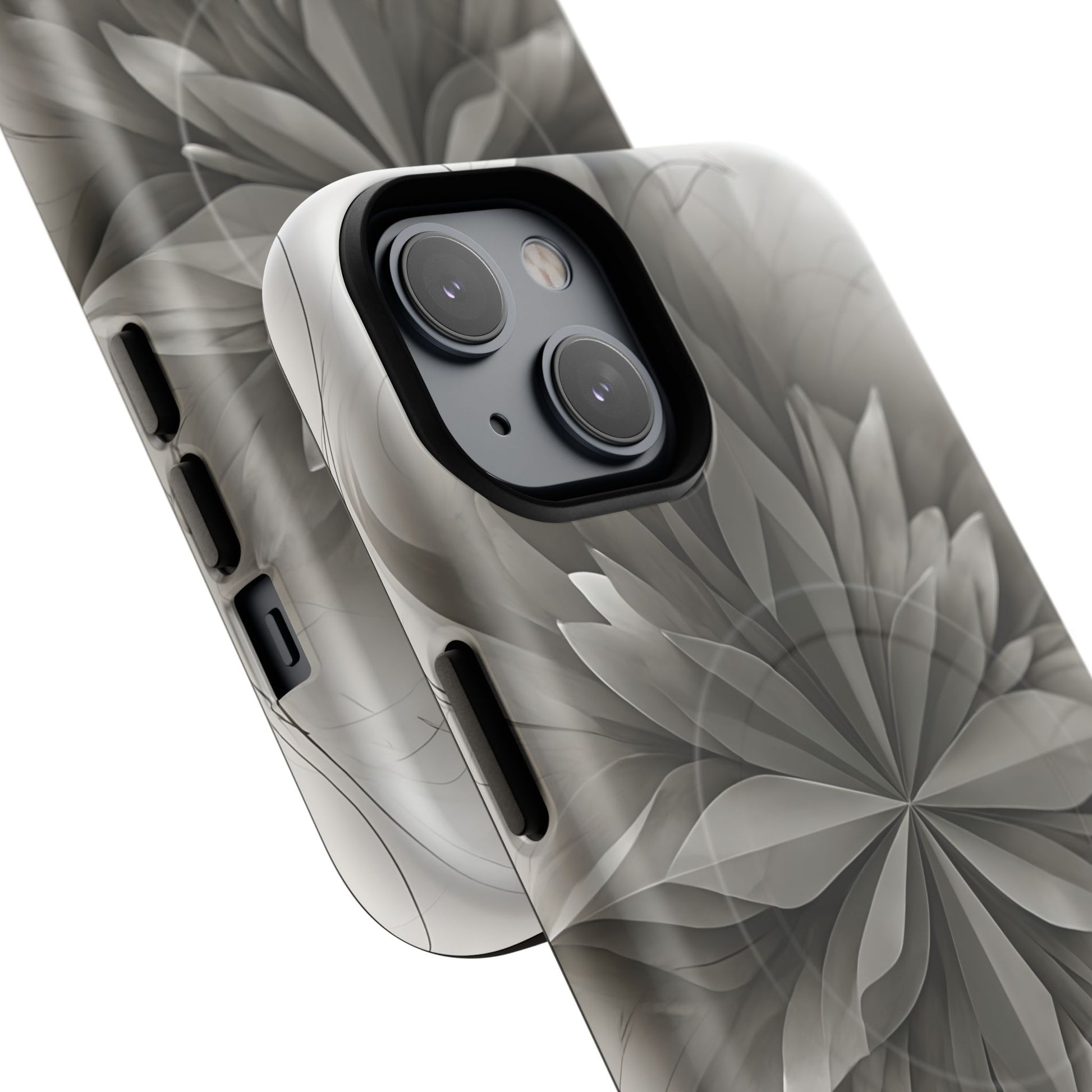 Silver Lotus - Elegant Monochrome Floral iPhone 14 MagSafe Phone Case - Modern Lotus Design