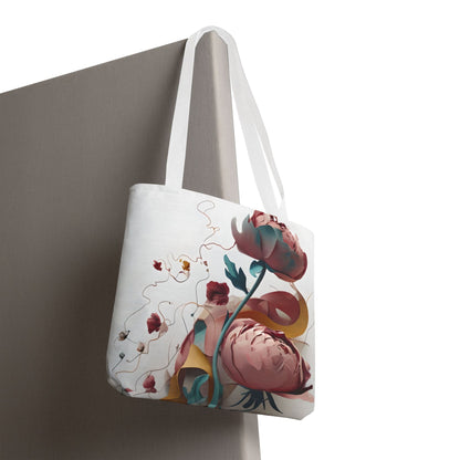 Blushing Peony Veil canvas tote bag hanging with romantic pink peony floral design