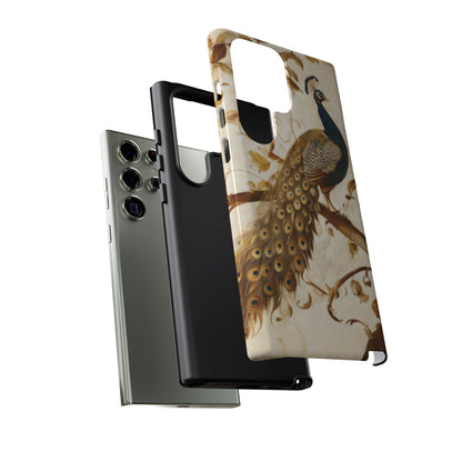 Golden Plumage Samsung Galaxy dual layer tough case with luxurious peacock artwork and ornate golden plumage, side and back view