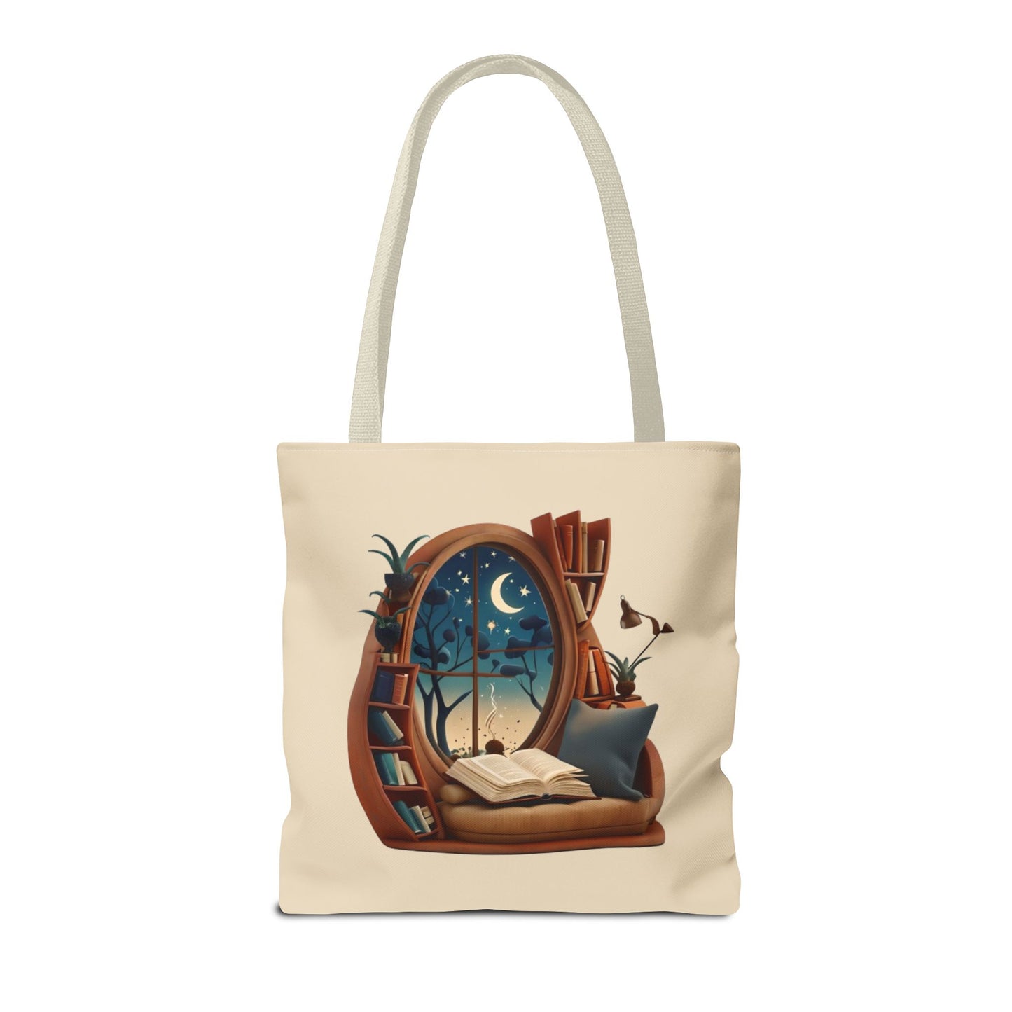 Starlit Sanctuary Canvas Tote Bag (16x16 & 18x18) - Cozy Reading Nook Design Eco-Friendly Shopping Bag