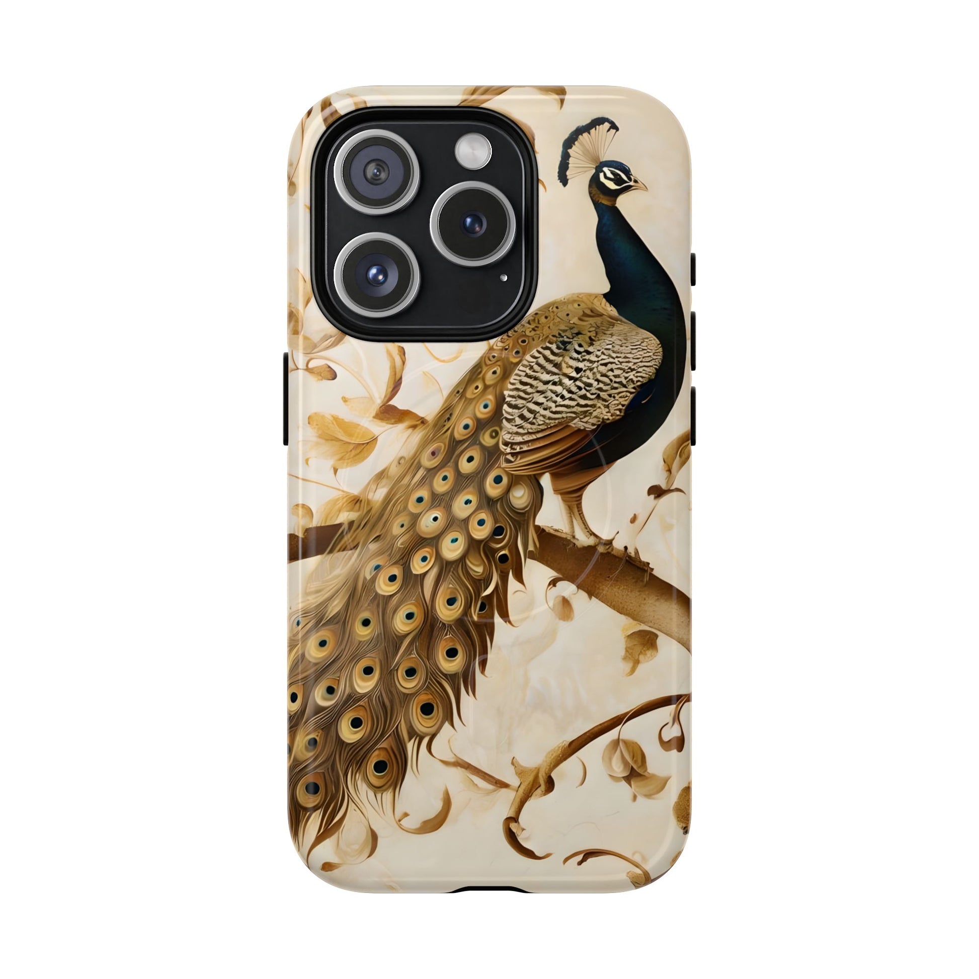 Golden Plumage - Luxe Peacock Art iPhone 15 Pro Phone Case - MagSafe Compatible - Elegant Gold & Cream Design