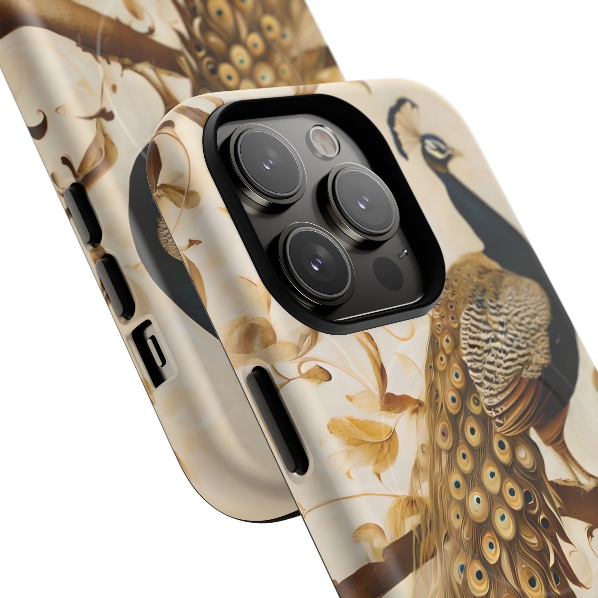 Golden Plumage - Luxe Peacock Art iPhone 14 Pro Phone Case - MagSafe Compatible - Elegant Gold & Cream Design