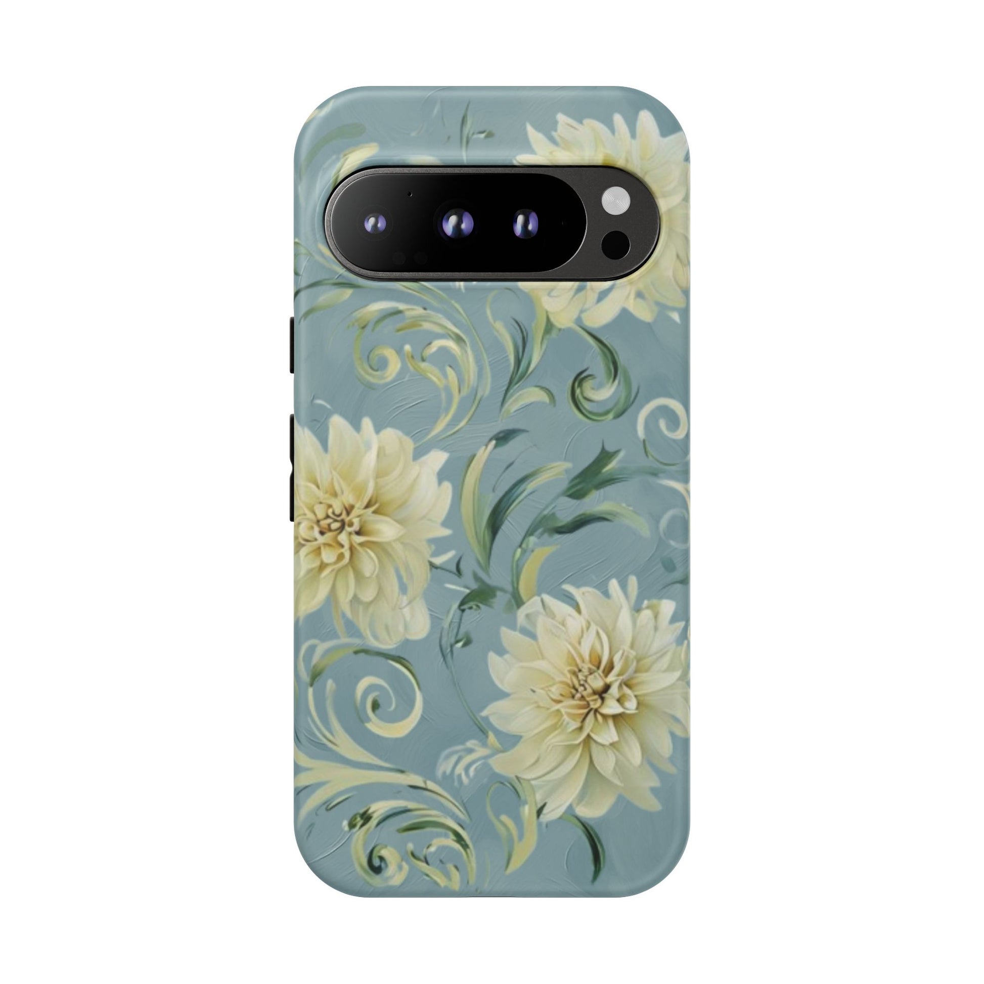 Golden Dahlia Trio - Elegant Floral Google Pixel 9 Pro Tough Phone Case - Artistic White & Blue Dahlia Design