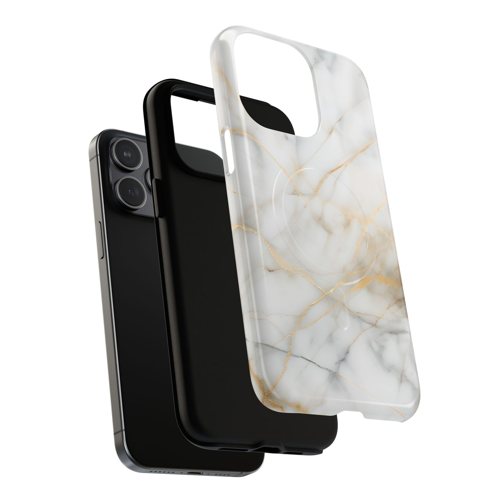 Golden Vein iPhone 15 Pro Max MagSafe Phone Case -White Neutral Marble Design