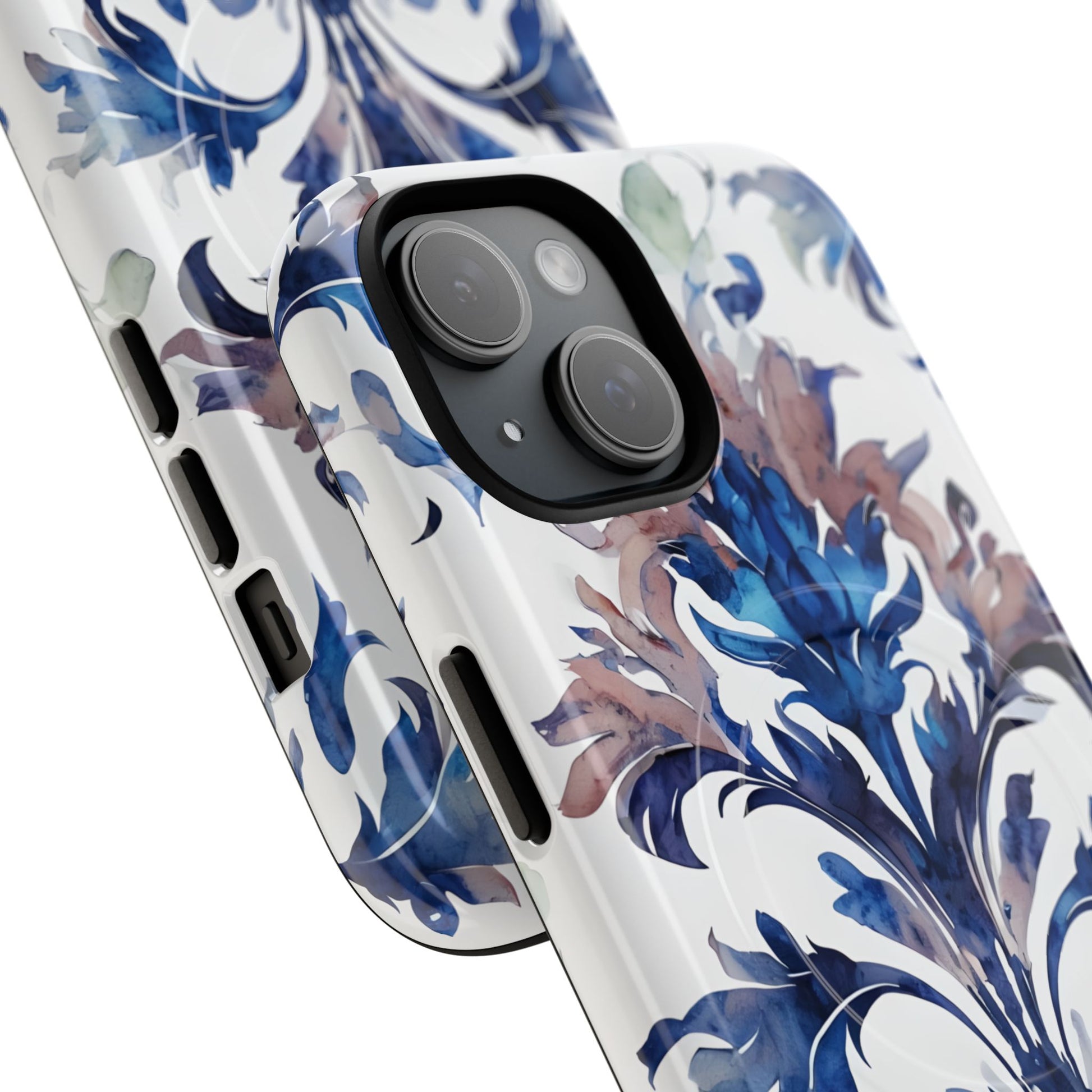 Delft Reverie - Elegant Blue & White iPhone 15 MagSafe Phone Case - Dutch Delftware-Inspired Floral Design