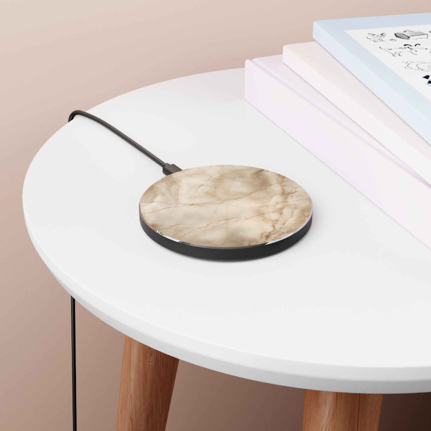 Parchment Mist beige marble art Qi wireless charger on bedside table with books