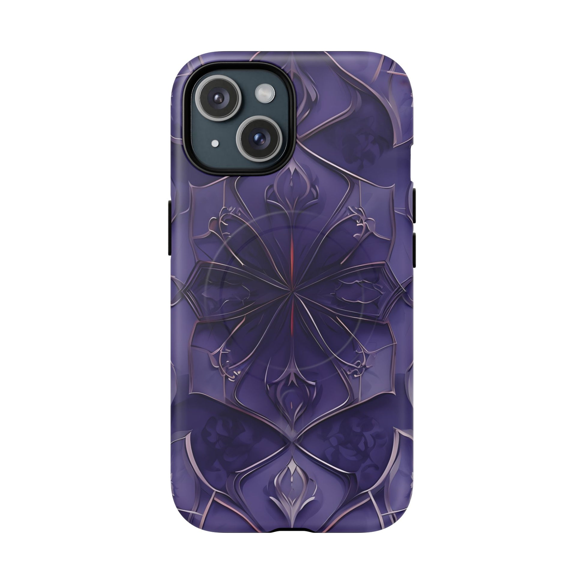 Violet Nebula - Kaleidoscope Collection Artistic Floral Burst - iPhone 15 MagSafe Phone Case -Bold Purple Symmetrical Design