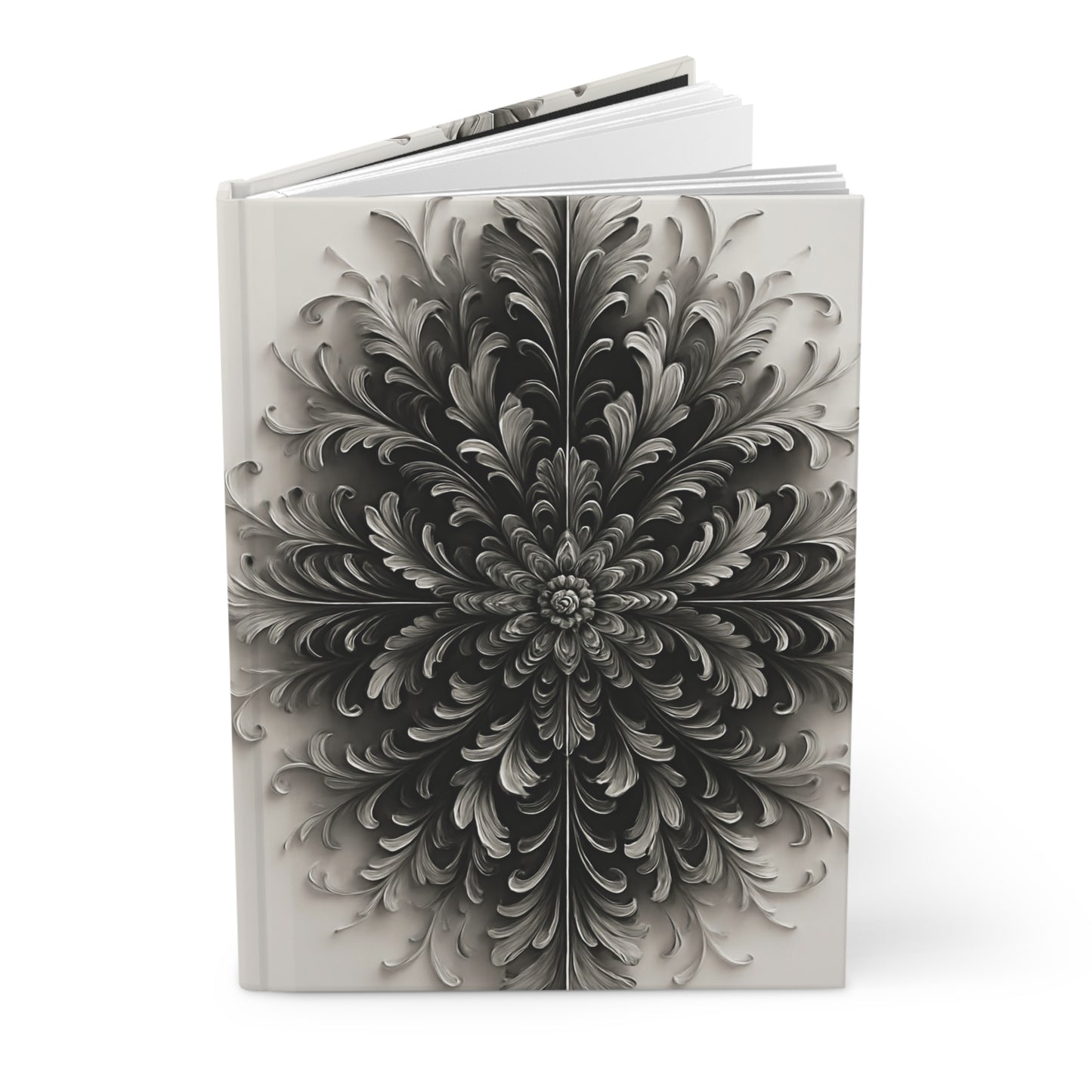 Obsidian Bloom hardcover journal showing elegant monochrome floral artwork