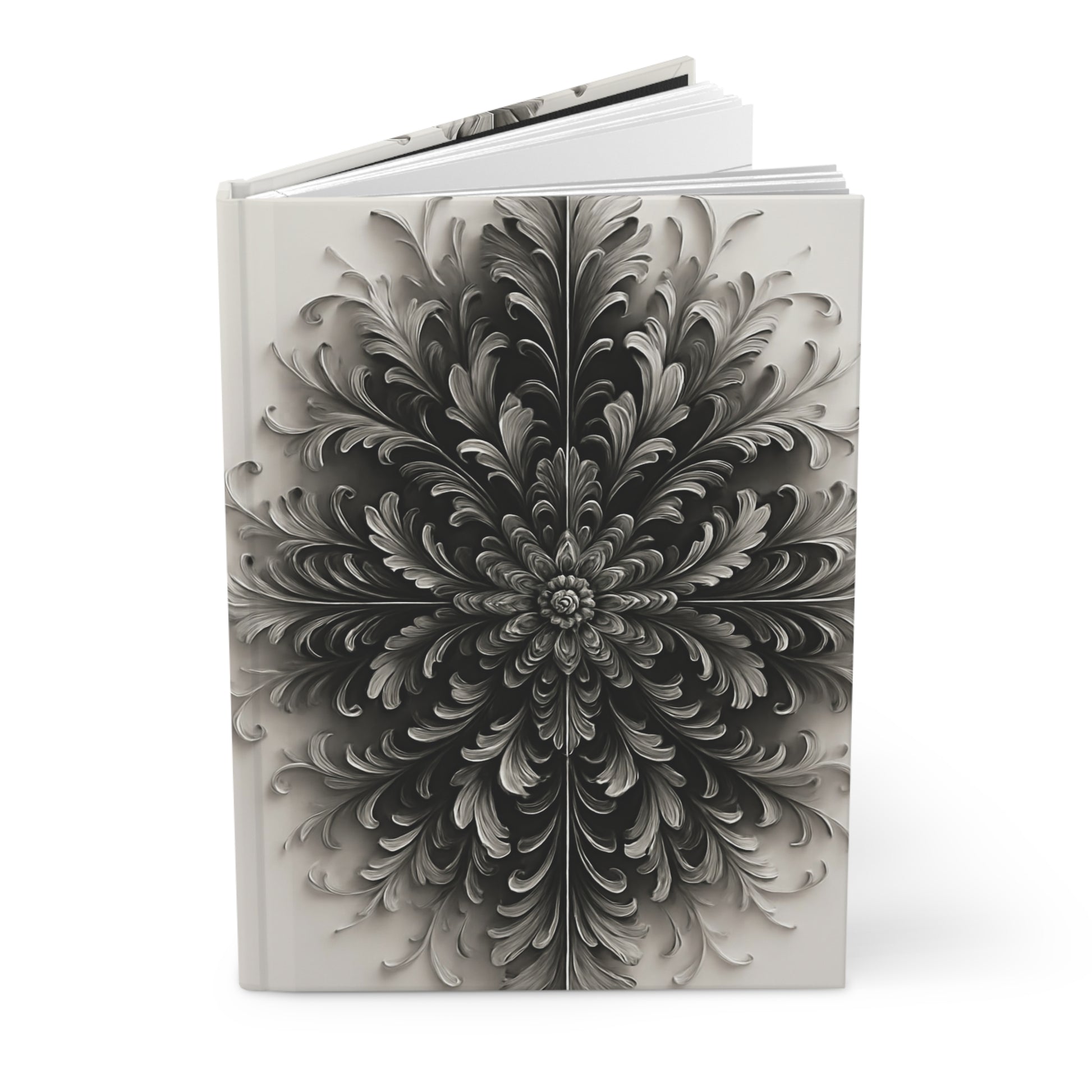 Obsidian Bloom hardcover journal showing elegant monochrome floral artwork