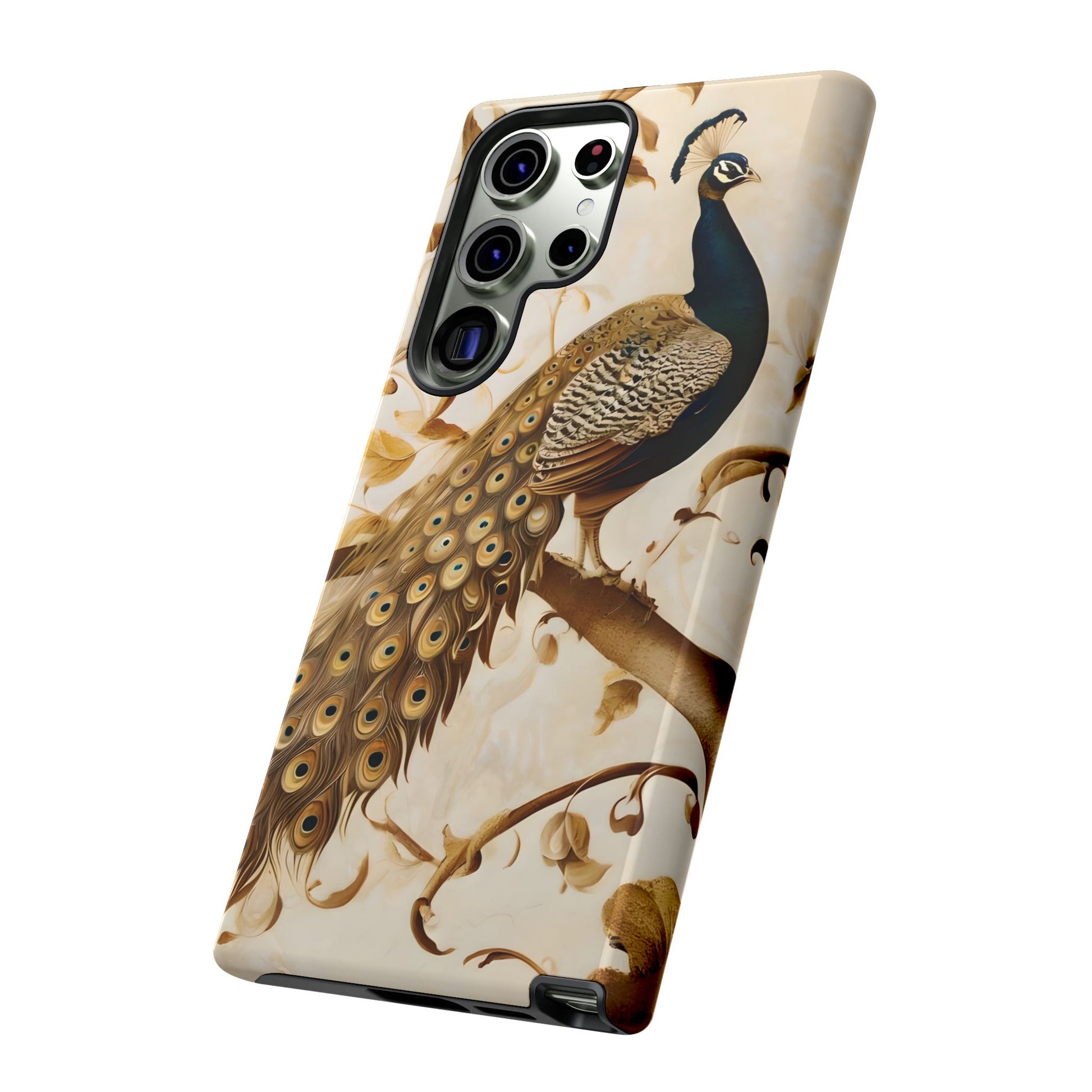 Golden Plumage - Luxe Peacock Art Samsung Galaxy S23 Ultra Phone Case - Elegant Gold & Cream Design