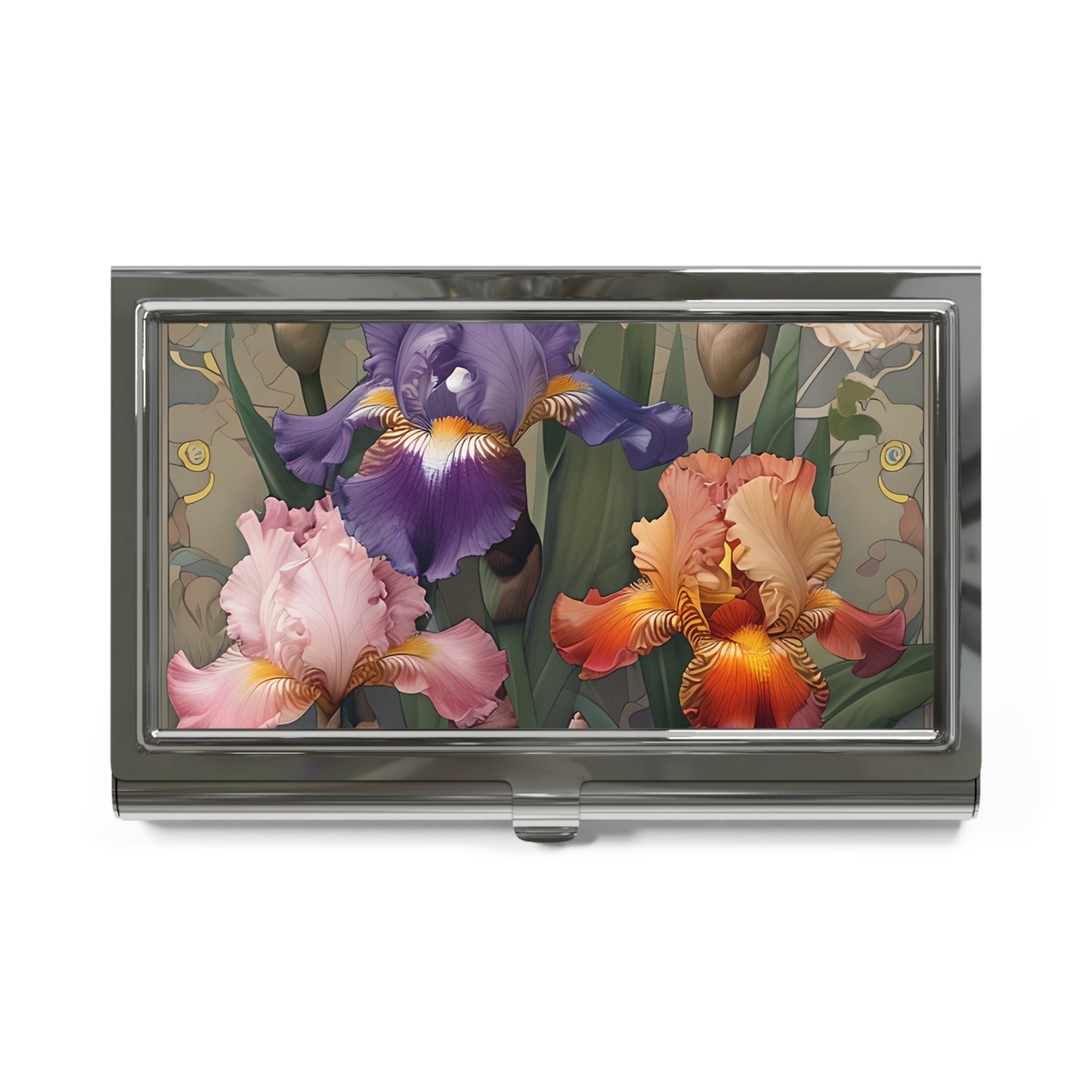 Iris Reverie colorful iris flower artwork business card holder closed top view