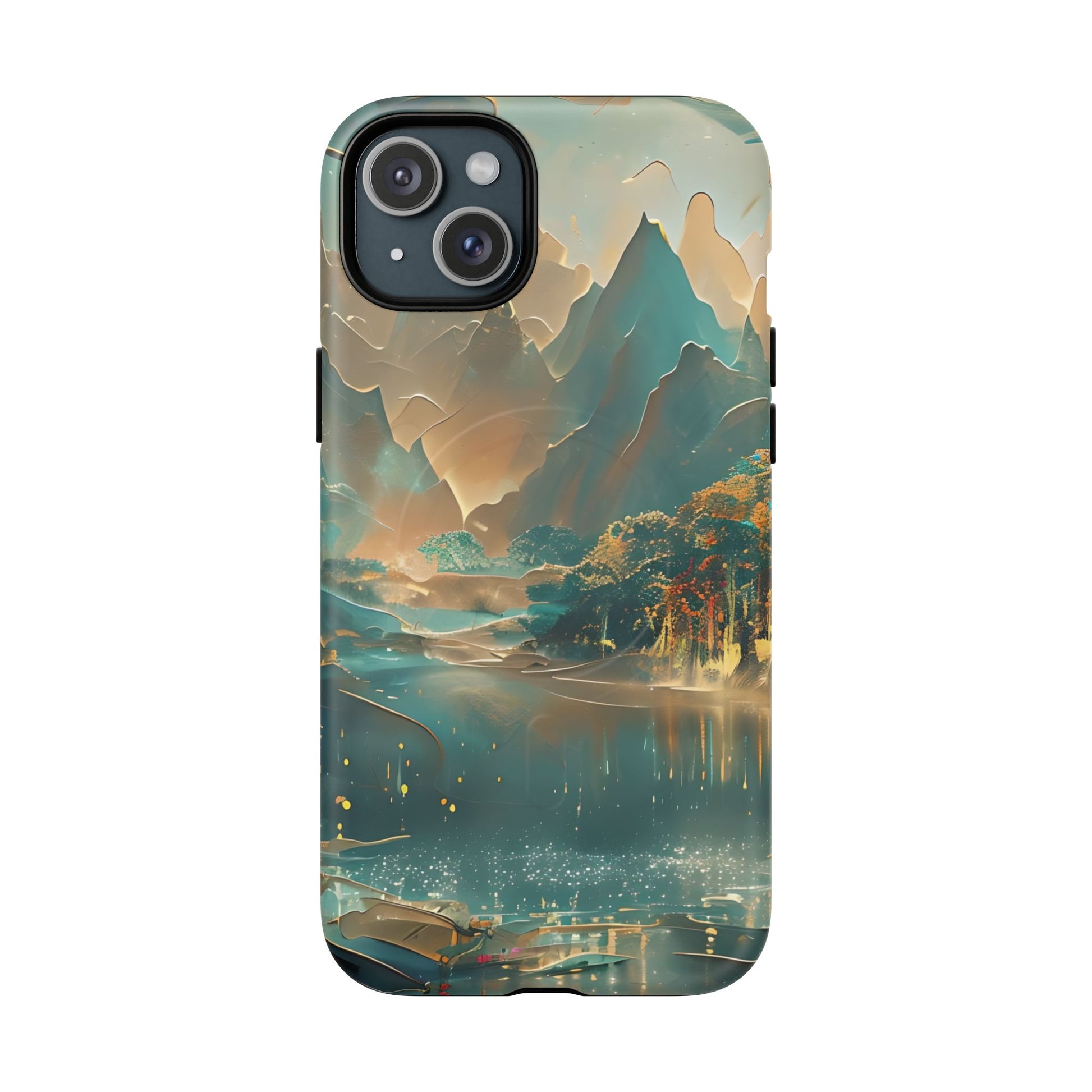 Misty Horizon - Serene Landscape Art iPhone 15 Plus MagSafe Phone Case - Tranquil Mountain & Lake Design