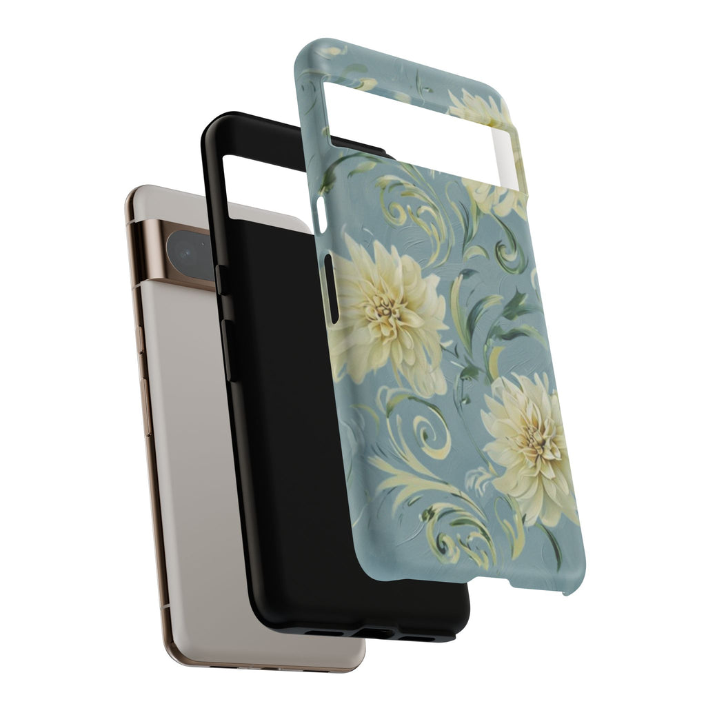 Golden Dahlia Trio - Elegant Floral Google Pixel 8 Pro Tough Phone Case - Artistic White & Blue Dahlia Design