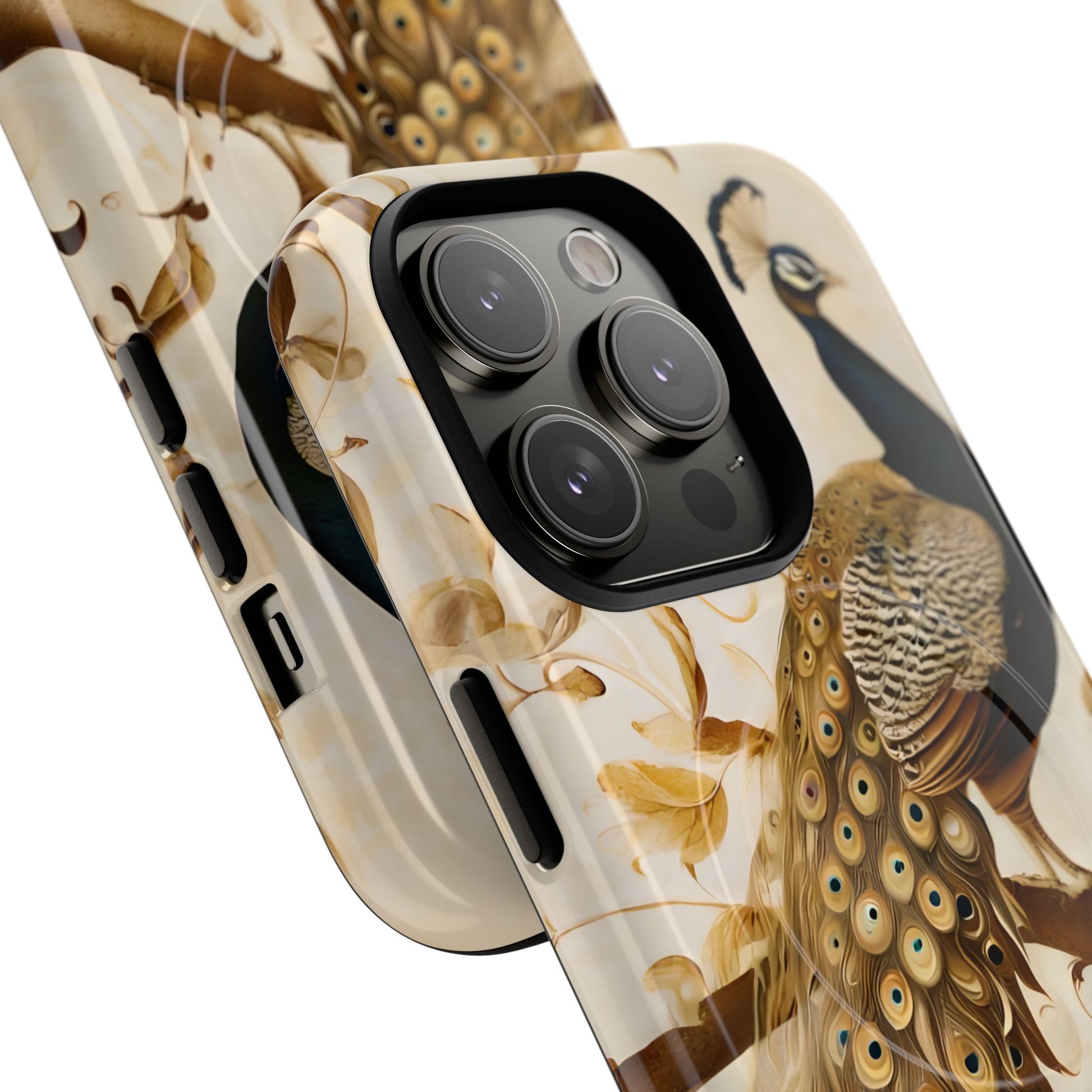 Golden Plumage - Luxe Peacock Art iPhone 14 Pro Phone Case - MagSafe Compatible - Elegant Gold & Cream Design