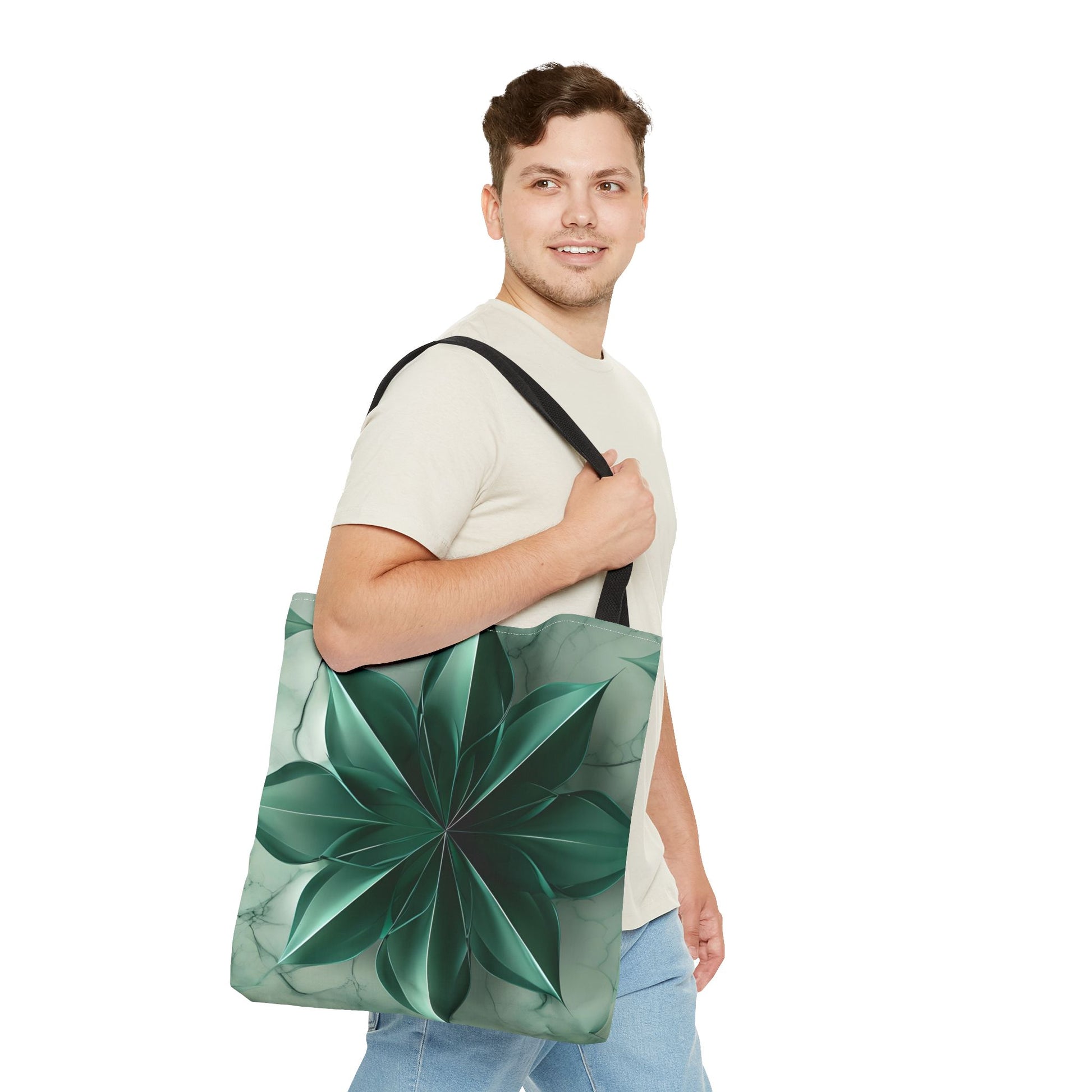 Emerald Bloom Tote Bag (16x16, 18x18), Dreamy Sculpted Motif in Soft Beige, Flat Printed Canvas Reusable Nature-Inspired Canvas Bag