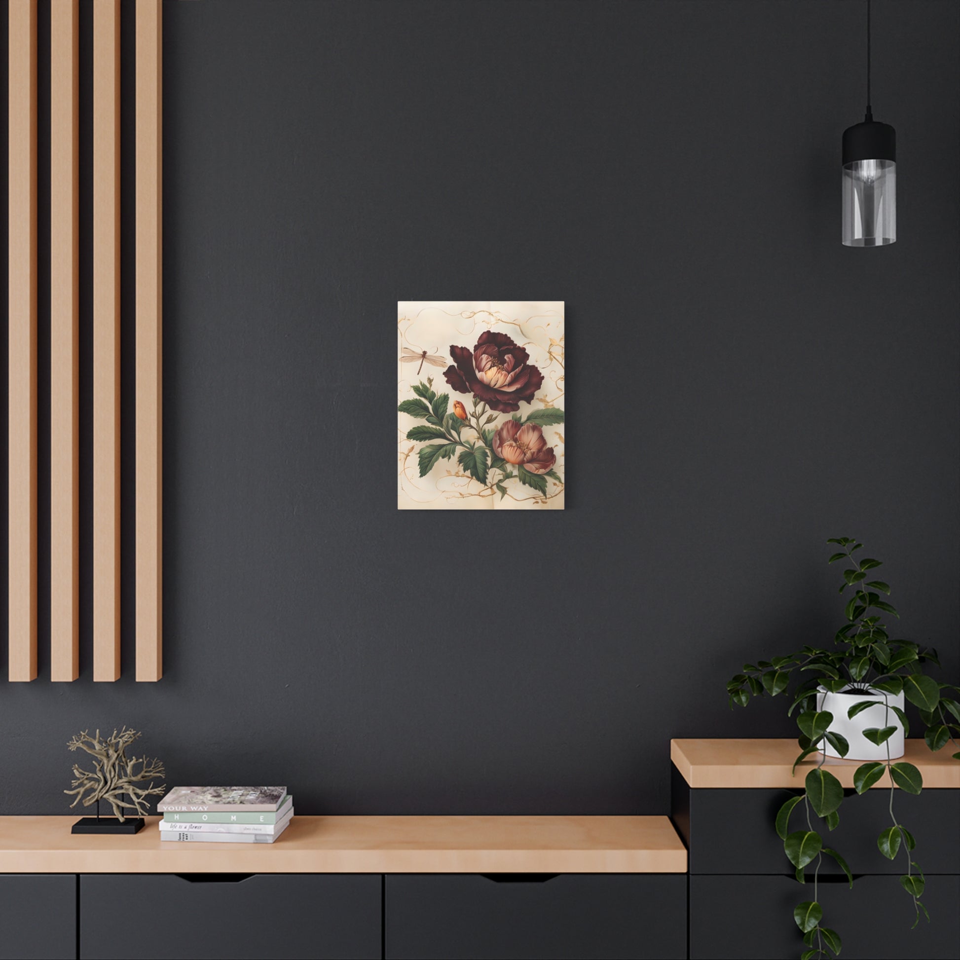 Vintage Burgundy Rose wall art canvas displayed on a dark accent wall in a modern living room