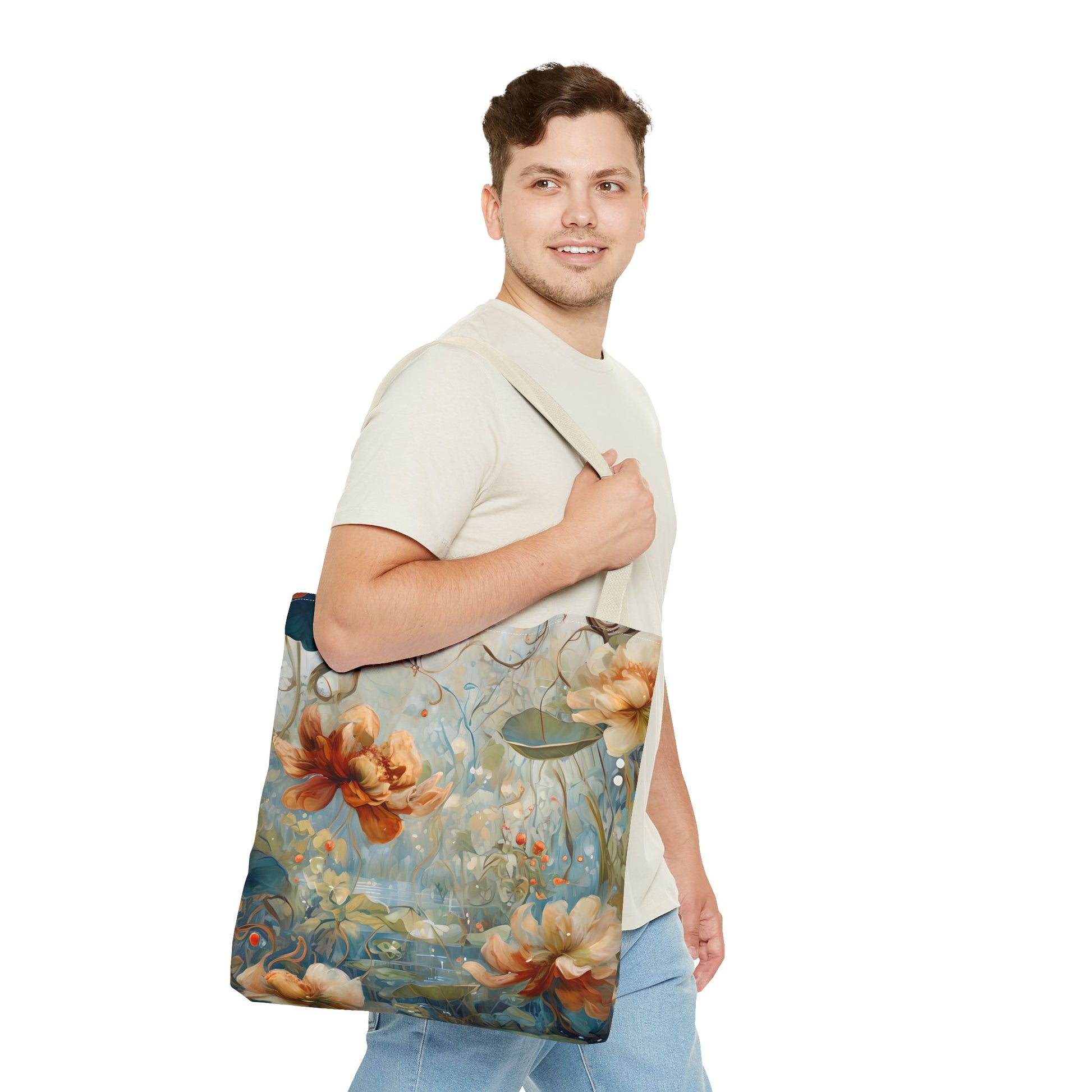 Waterlily Dreamscape Tote Bag (16x16 & 18x18)- Tranquil Art Print on Durable Polycanvas, Artistic Eco-Friendly Shopping Bag
