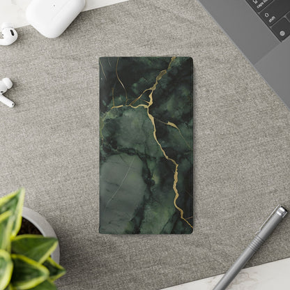 Verdant Vein Samsung Galaxy wallet flip phone case on a desk beside stationery featuring green marble design and folio card holder