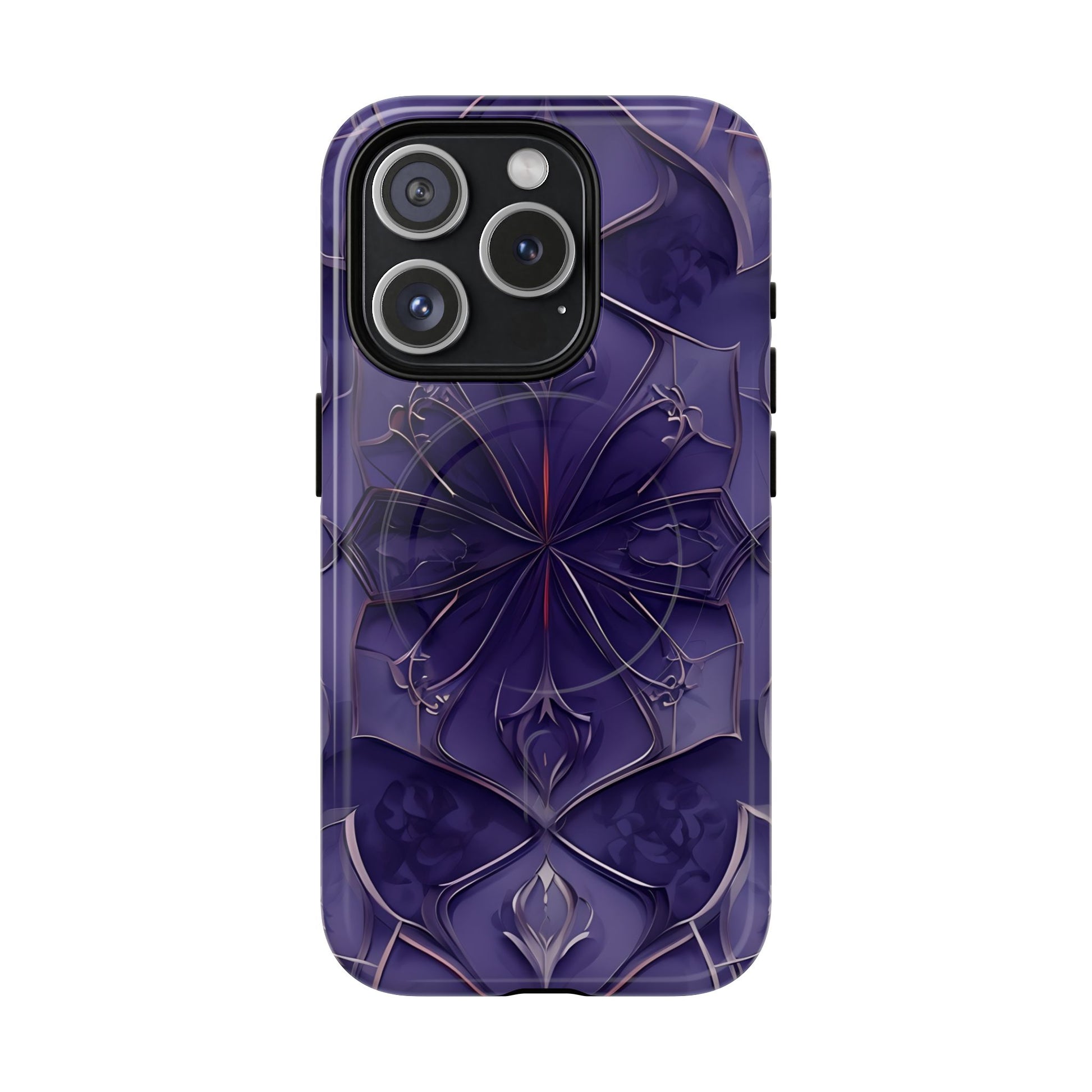 Violet Nebula - Kaleidoscope Collection Artistic Floral Burst - iPhone 15 Pro MagSafe Phone Case -Bold Purple Symmetrical Design