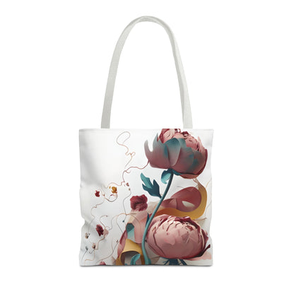 Blushing Peony Veil canvas tote bag featuring soft pink peony floral artwork with light handles
